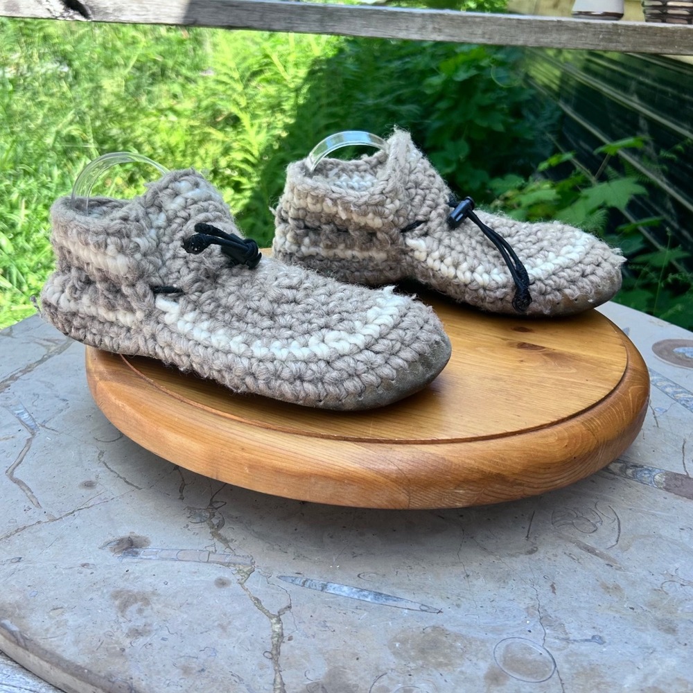 Wool Crofter Slippers Unisex Large Grey Crochet Moccasins Padraig Cottage